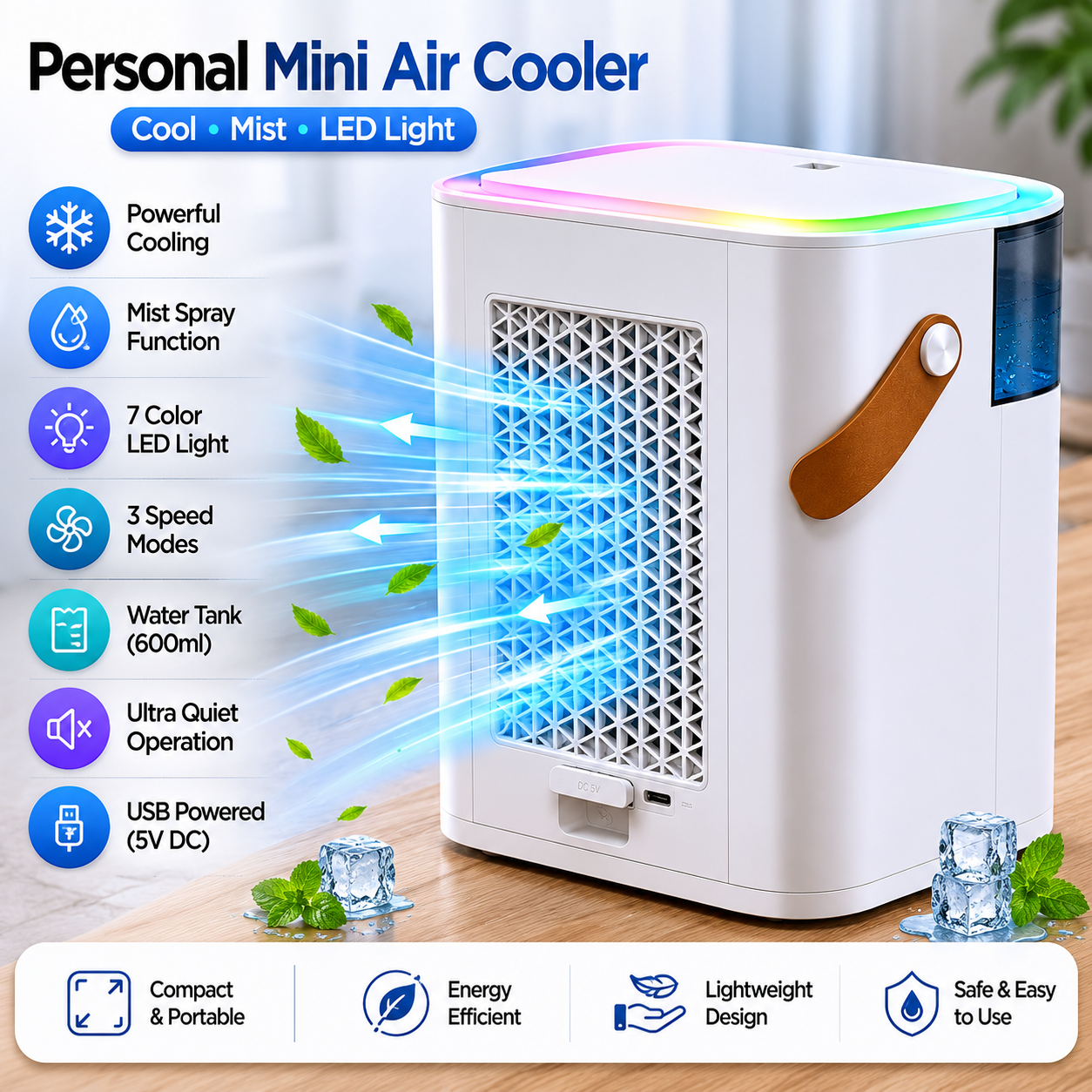 Personal Mini Air Cooler With Mist Spray & LED Light