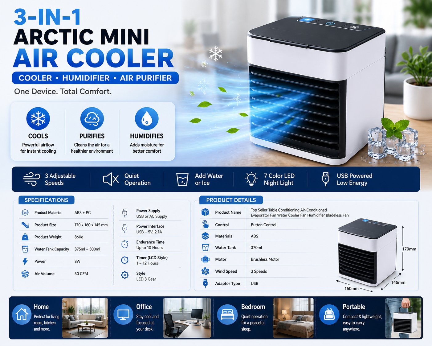 ❄️ Portable Mini Air Cooler with Humidifier & Air Purifier
