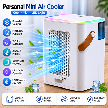 Personal Mini Air Cooler With Mist Spray & LED Light